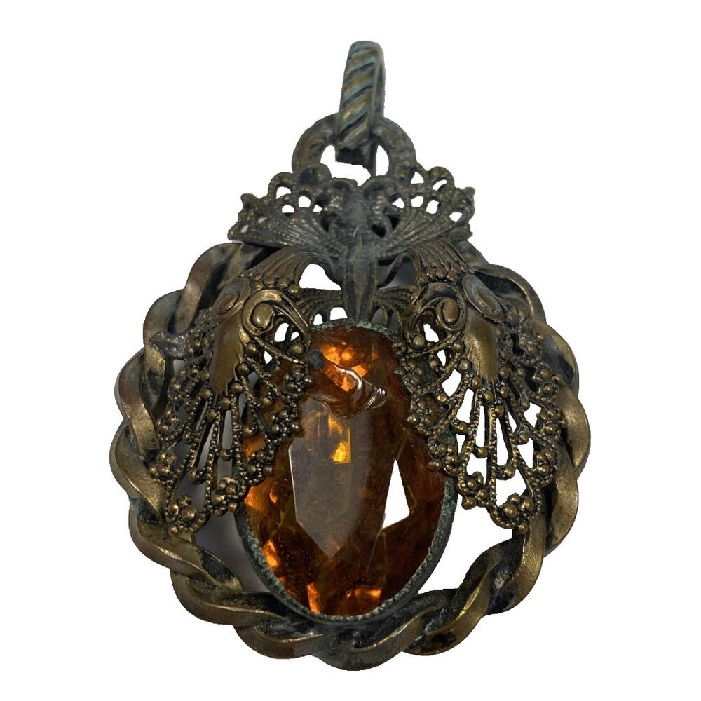 Victorian Revival Pendant Amber Paste Glass Bezel Set Vintage 60s Ornate Estate